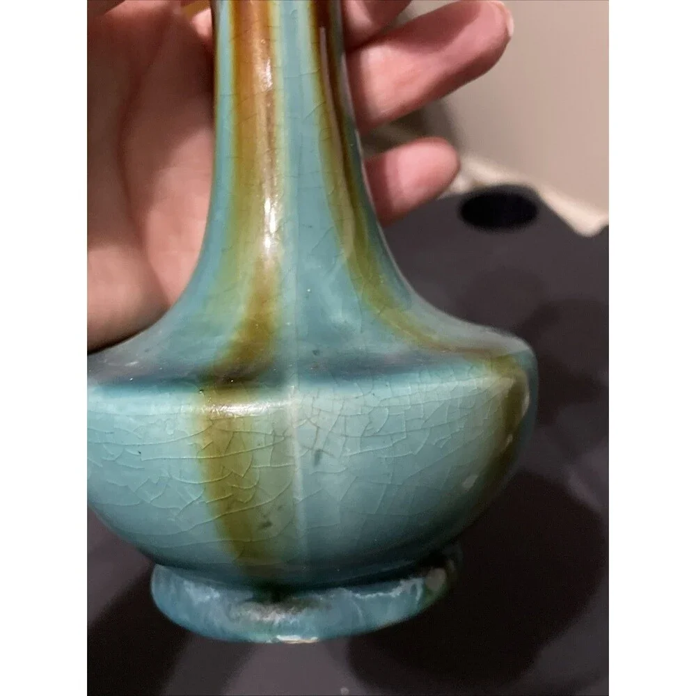 Belgium Made Drip Glaze Art Pottery Thin Bud Vase Hand Made Mid-Century